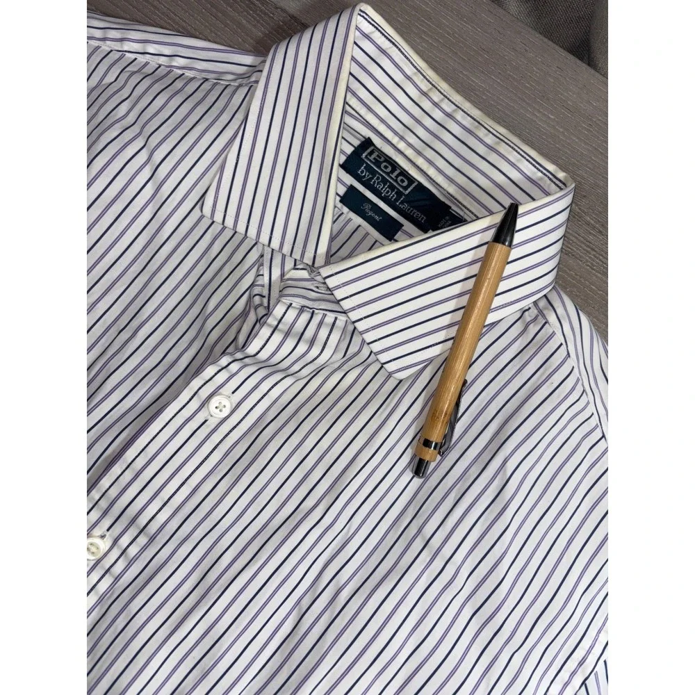 Polo Ralph Lauren Regent Dress Shirt Mens 17 43 Striped Purple Blue‎ Cotton READ
